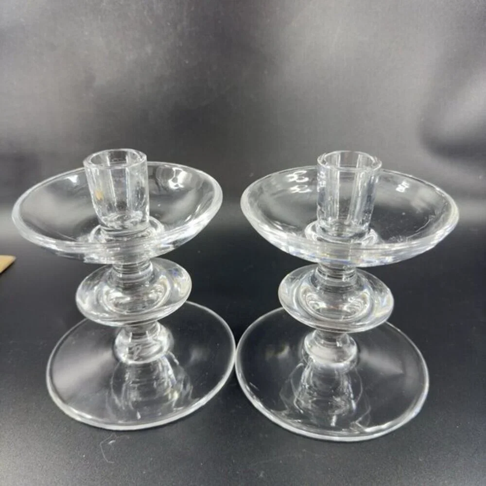 1950s‎ Val Saint Lambert Clear Glass Candlestick Holder Votive Set 2 Signed VTG